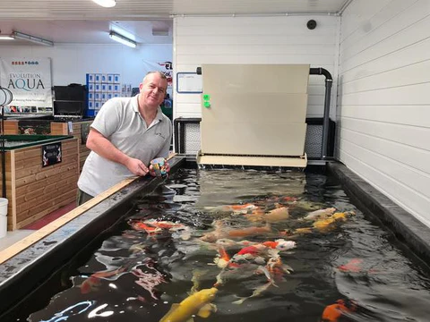 chris stood in front of one of the koi fish tanks